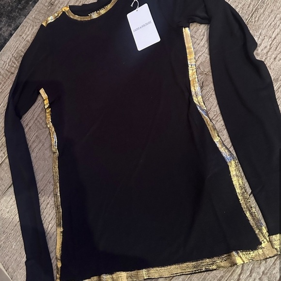 Zadig & Voltaire Willy Gold Long Sleeve Top in Black. - Picture 3 of 5